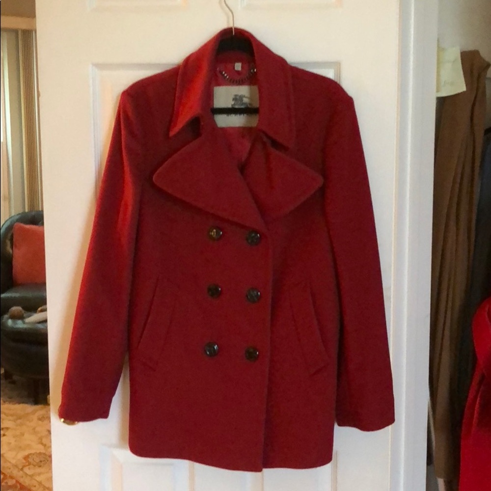 Burberry red double breasted pea coat.
